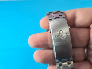 Omega Seamaster Buckle hold in Hand  on sky blue background