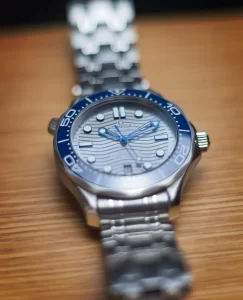 Omega Seamaster 300 close up photo, watch is sitting on the original box
