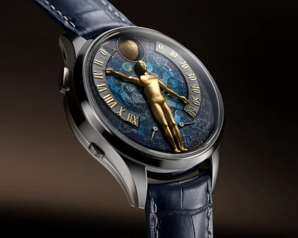 Watch face with astronomer showing time with hands