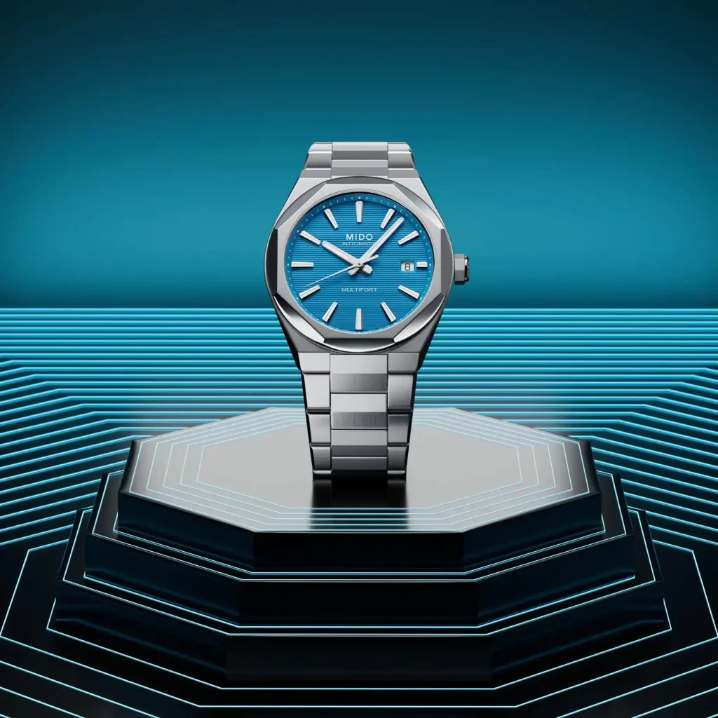 Mido 8 One Crown front face on blue background