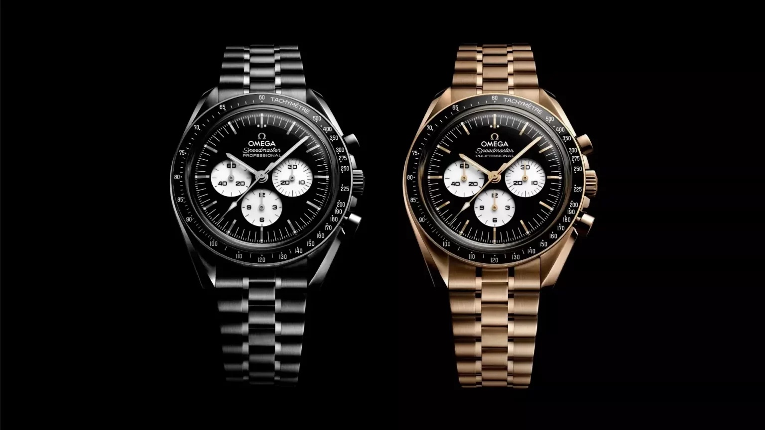 Omega Speedmaster Steel and gold version side by side