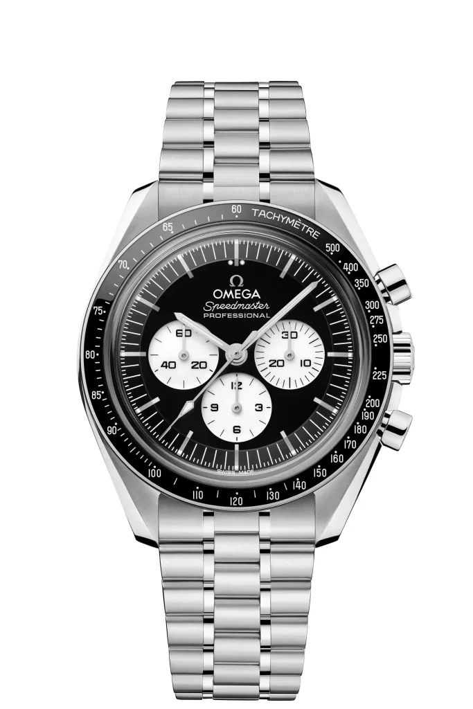 Omega speedmaster reverse panda fron view for the steel version
