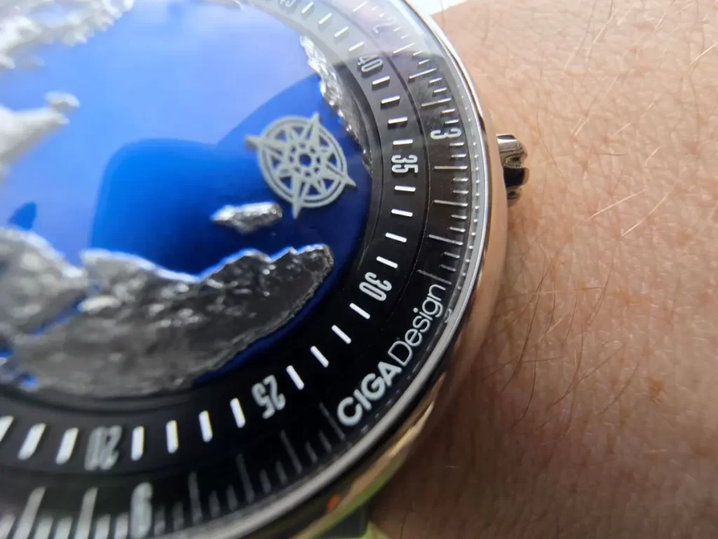 Close up of DIal of CIGA Design Blue planet II in natura light