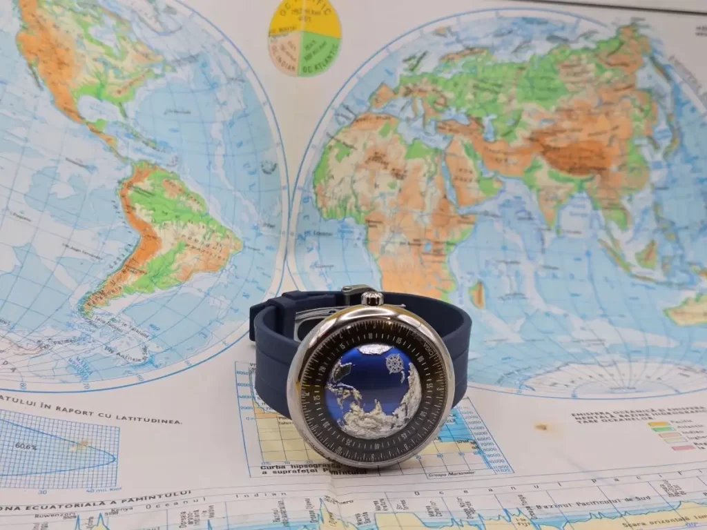 Watch with a world map background